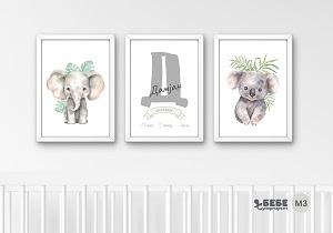 Set of Three Nursery Prints in frames M3