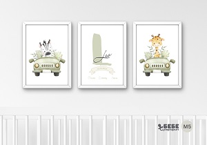 Set of Three Nursery Prints in frames M5